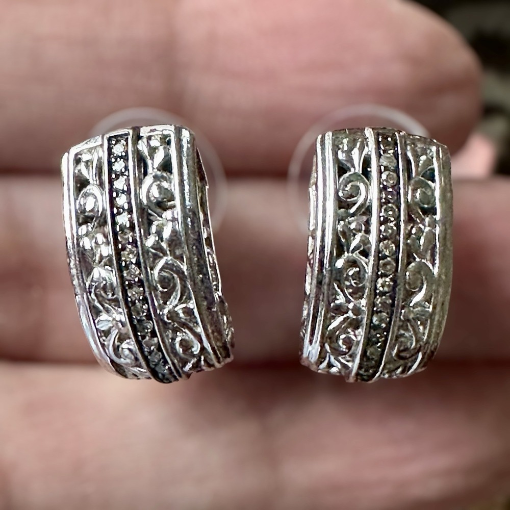 VTG Half Hoop Post Earrings 0.75 Inch Clear Rhinestones Ornate 925 Sterling 5.3g